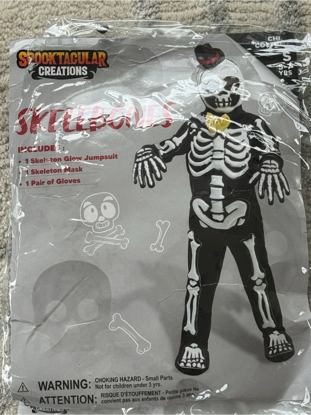 Spooktacular glows in dark Skullbones Halloween costume small